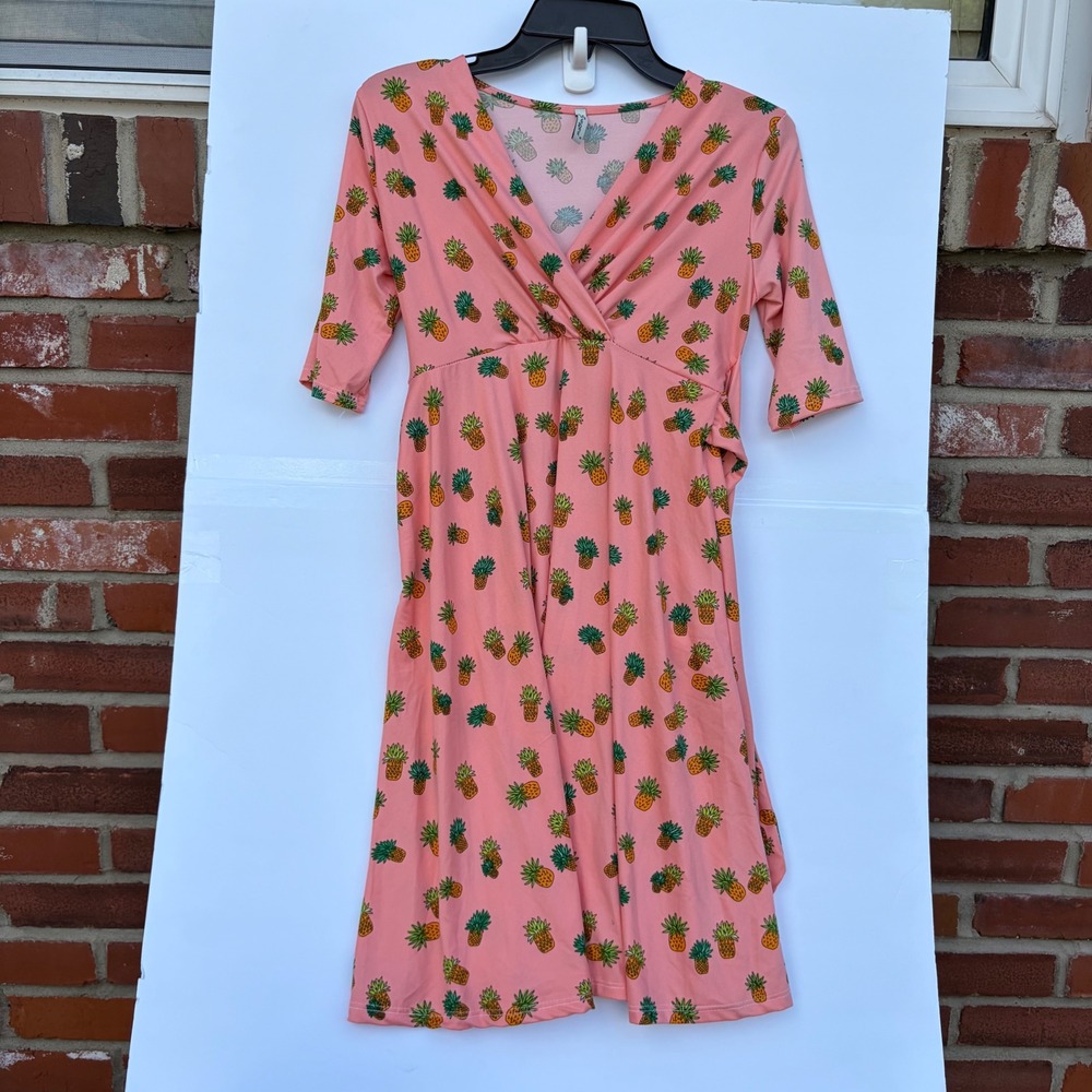 Mother Bee Maternity Pink Pineapple‎ Print Faux Wrap Dress Small MBW0X300 USA